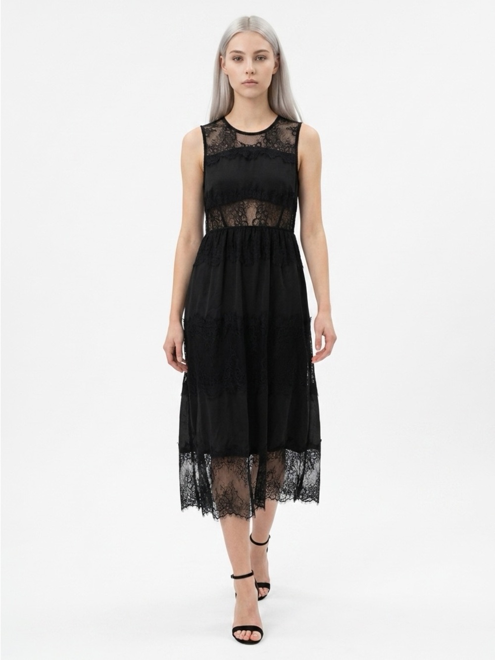 Black Lace Tiered Sleeveless Midi Dress. Sz S Goth